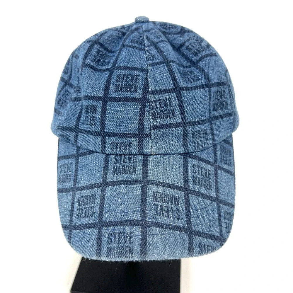 Steve‎ Madden Dark Denim Baseball Hat Womens Multi-Logo Strapback Hat Blue NWT